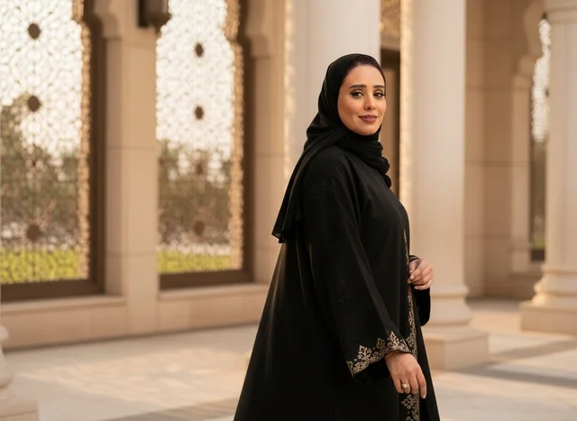 امرأة إماراتية بالعباءة السوداء في موقع معماري