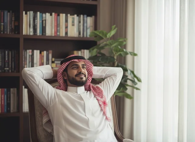 Saudi Man in Traditional Thobe Relaxing in Library