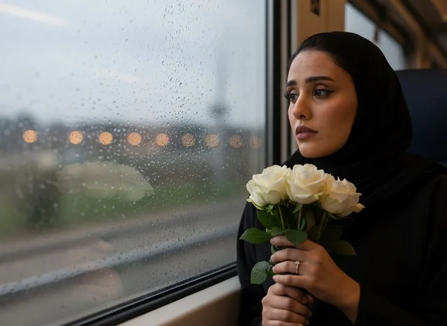Saudi Woman in Abaya with Roses on Rainy Train