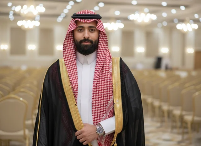 Saudi Man in Traditional Formal Bisht in Banquet Hall