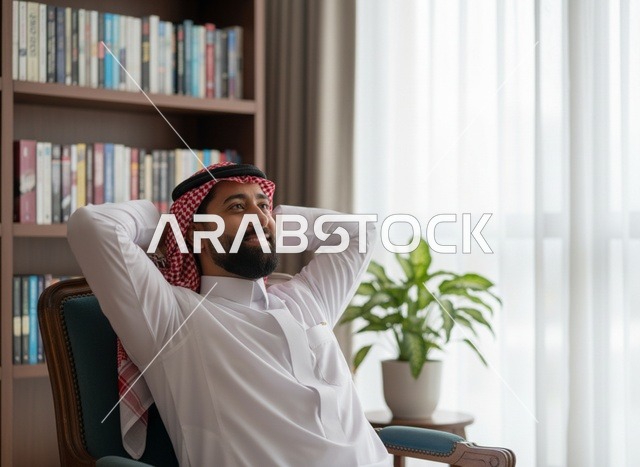 رجل سعودي يسترخي في مكتبة منزلية بالزي التقليدي