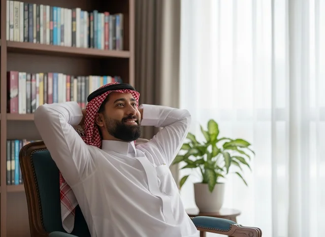 رجل سعودي يسترخي في مكتبة منزلية بالزي التقليدي