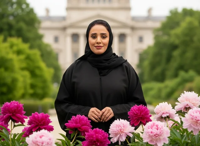 Emirati Woman in Black Abaya in Flower Garden Emirati Woman in Black Abaya in Flower Garden