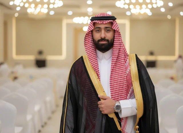 رجل سعودي بالبشت التقليدي في قاعة مناسبات