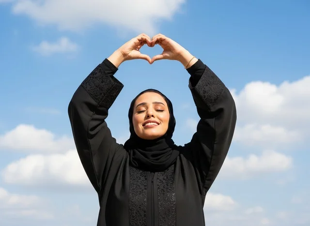 Emirati Woman in Abaya Making Heart Shape Outdoors