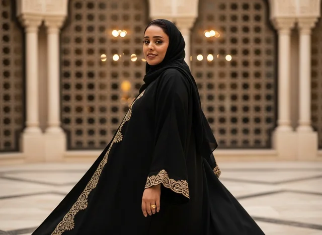 امرأة إماراتية بعباءة سوداء وتطريز ذهبي