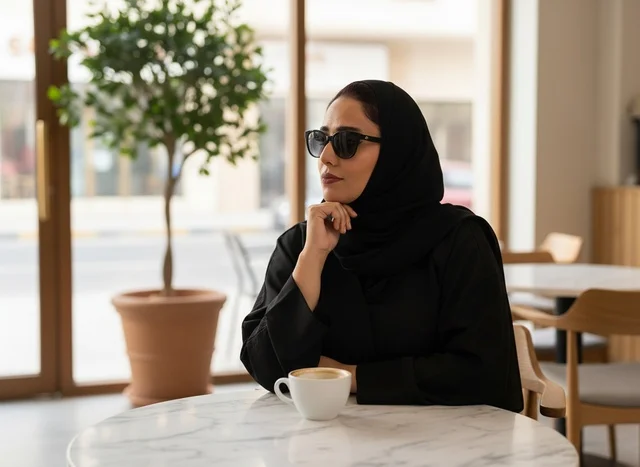 Emirati Woman in Black Abaya Sitting at a Modern Cafe