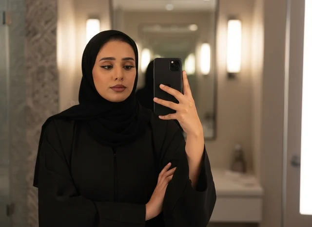 امرأة سعودية بالعباءة السوداء تلتقط صورة سيلفي