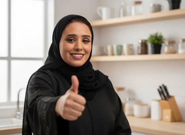 Emirati Woman in Abaya Thumbs Up in Kitchen