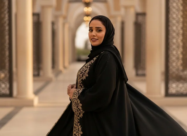 امرأة سعودية بعباءة سوداء مطرزة وسط أقواس معمارية