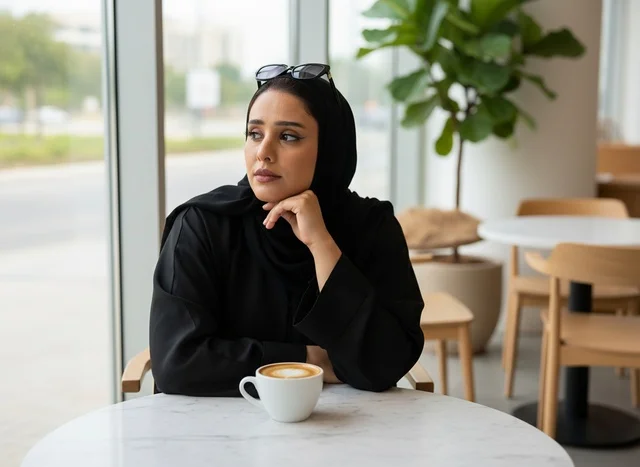 امرأة إماراتية بالعباءة في مقهى حديث مع قهوة