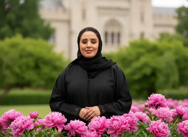 Emirati Woman in Abaya with Pink Garden Flowers Emirati Woman in Abaya with Pink Garden Flowers