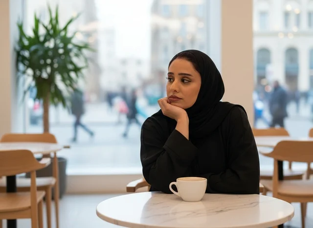امرأة سعودية بالعباءة تجلس في مقهى حديث