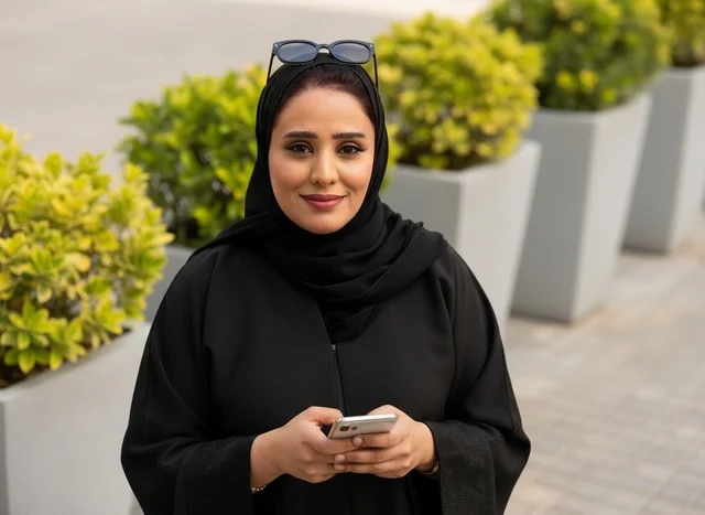 Saudi Woman in Abaya Using Smartphone Outdoors