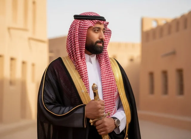 رجل سعودي بالبشت والشماغ التقليدي يحمل سيفاً