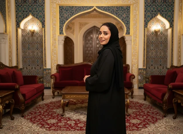 امرأة سعودية بالعباءة السوداء داخل مجلس تقليدي فاخر