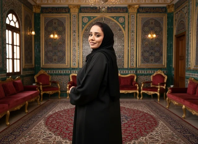 Saudi Woman in Traditional Black Abaya at Luxury Majlis