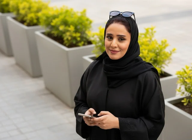 امرأة سعودية بالعباءة السوداء تحمل هاتف ذكي في الخارج