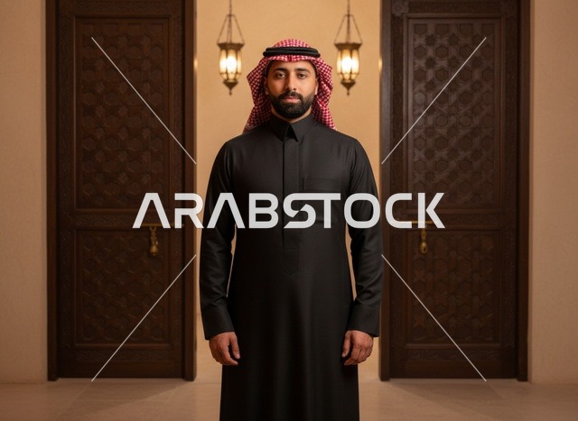 رجل سعودي بالثوب الأسود والشماغ في لقطة بورتريه