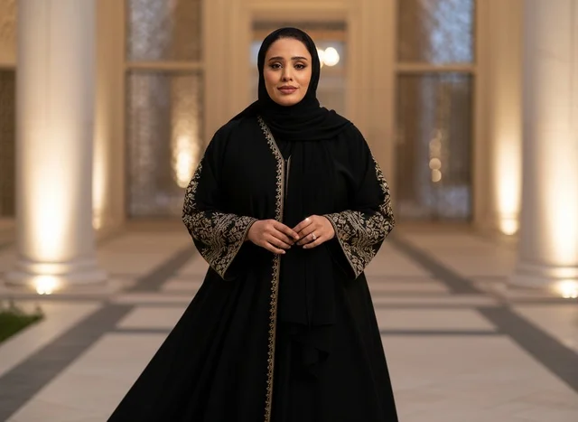 امرأة إماراتية بالعباءة السوداء في ممر فاخر