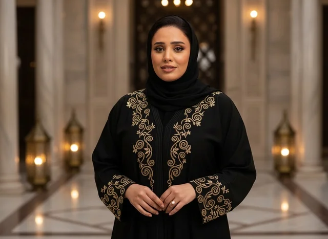 امرأة سعودية بعباءة مطرزة في ردهة فاخرة