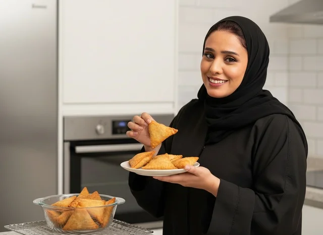 Saudi Woman in Abaya Holding Plate of Samosas in Kitchen