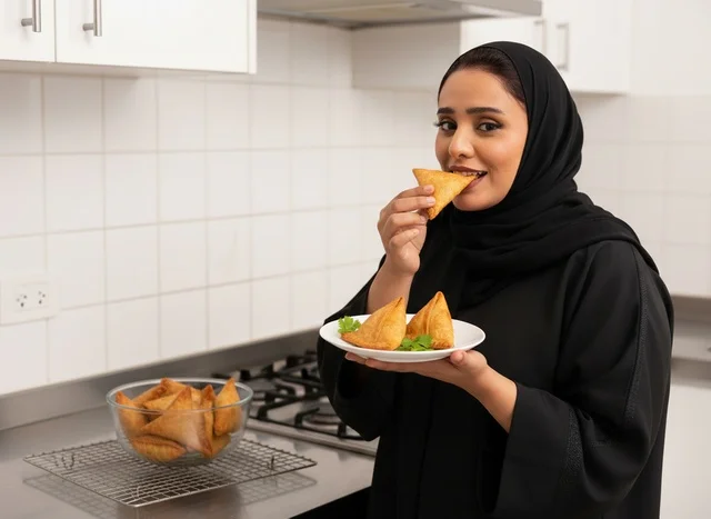 Saudi Woman Eating Fresh Samosas in Modern Kitchen