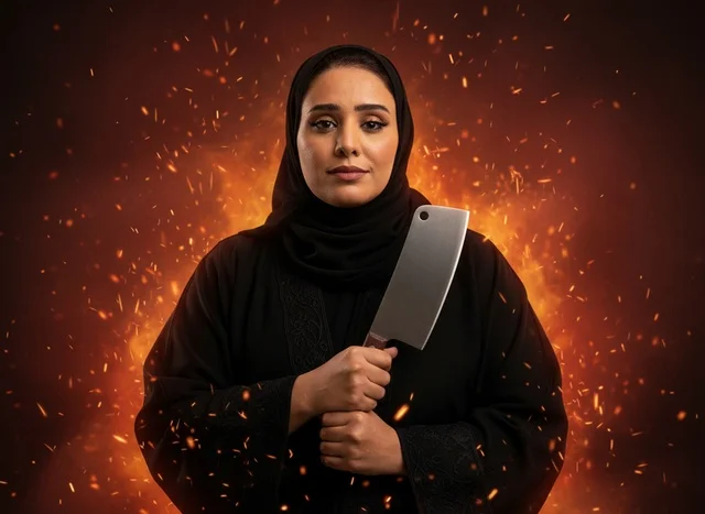 Arab Woman in Abaya Holding Meat Cleaver with Fire