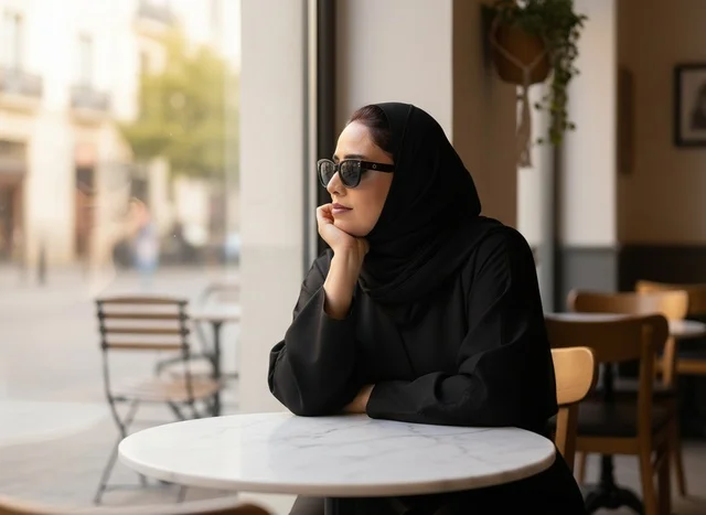 امرأة إماراتية بالعباءة السوداء تجلس في مقهى