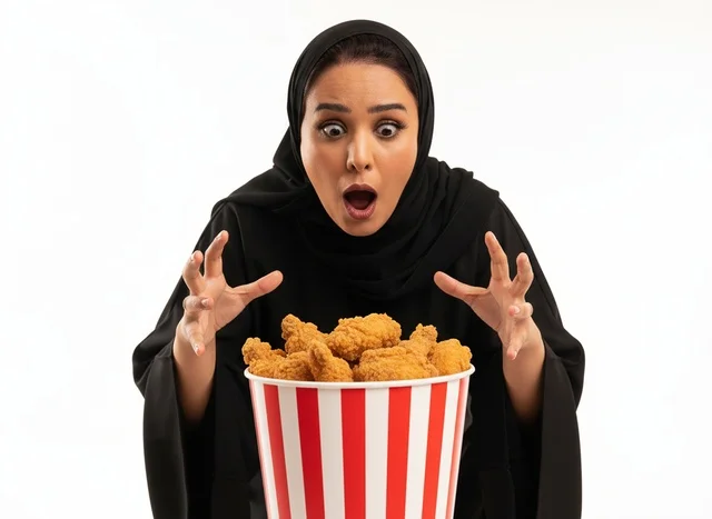 Saudi Woman with Fried Chicken Bucket on White Background