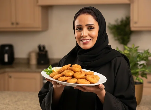 Arab Woman in Abaya Holding Fried Shrimp Plate