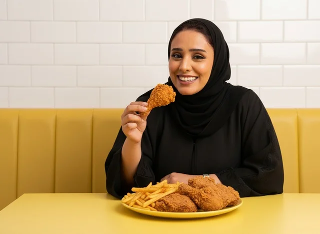 Saudi Woman Eating Fried Chicken Meal in Fast Food Restaurant Saudi Woman Eating Fried Chicken Meal in Fast Food Restaurant