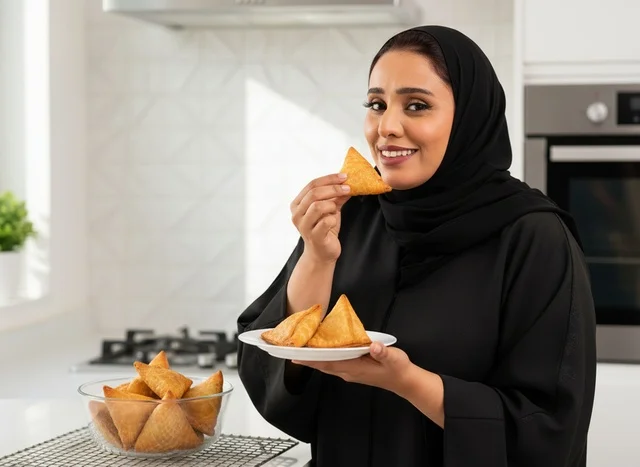 Saudi Woman in Abaya Eating Samosas in Kitchen Saudi Woman in Abaya Eating Samosas in Kitchen