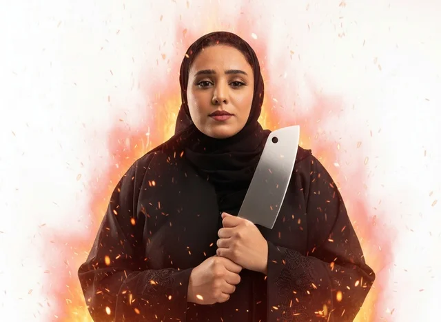 Saudi Woman in Abaya Holding Meat Cleaver with Fire