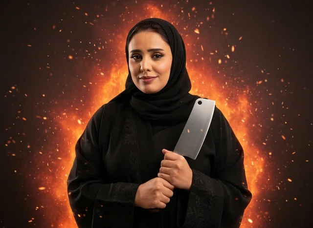 امرأة سعودية بالعباءة تمسك بساطور لحم أمام النيران