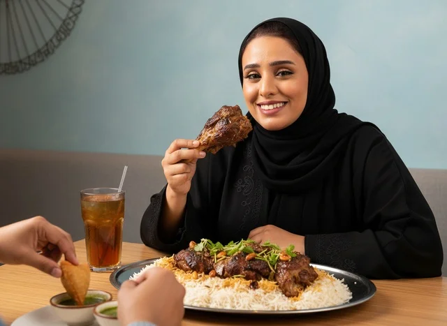 امرأة سعودية تتناول وجبة المندي التقليدية