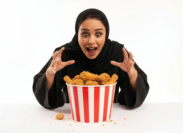 Saudi Woman with Fried Chicken Bucket White Background