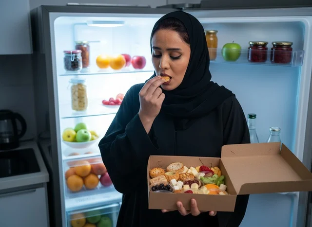 Saudi Woman in Abaya Snacking by Open Refrigerator