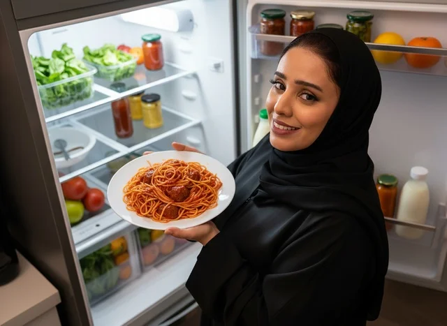 امرأة سعودية مع طبق مكرونة أمام الثلاجة
