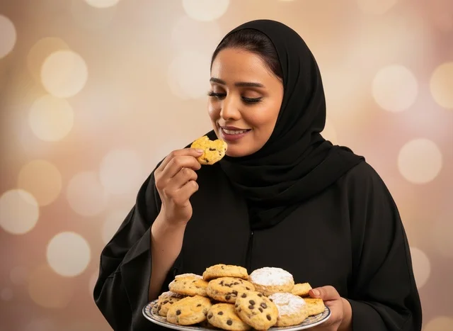 امرأة سعودية بالعباءة السوداء تحمل طبق كعك