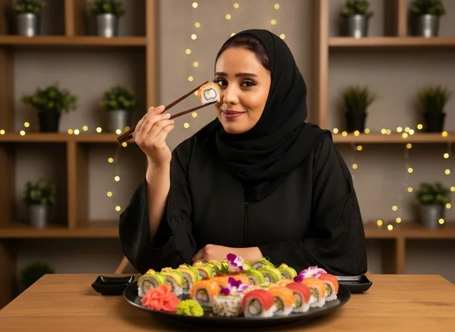 امرأة سعودية بالعباءة تتناول السوشي في مطعم