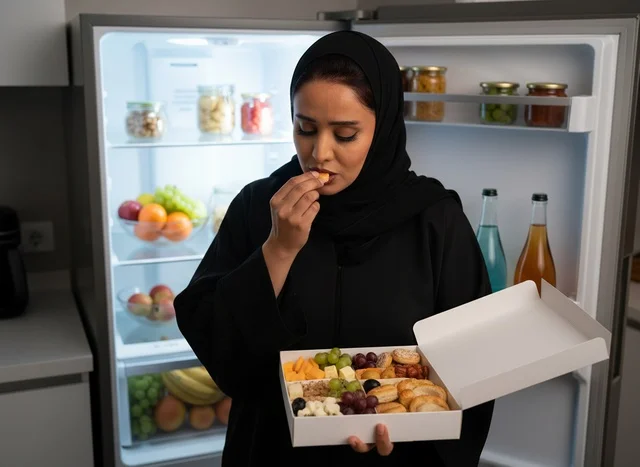 Emirati Woman in Abaya Eating Snacks by Fridge