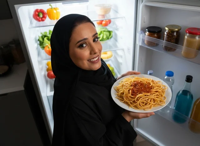 امرأة سعودية بالعباءة مع طبق معكرونة أمام الثلاجة