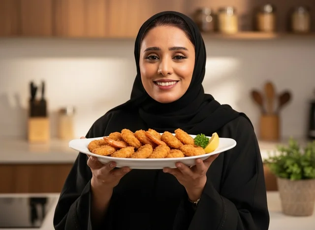 Saudi Woman Holding Fried Shrimp Platter in Kitchen