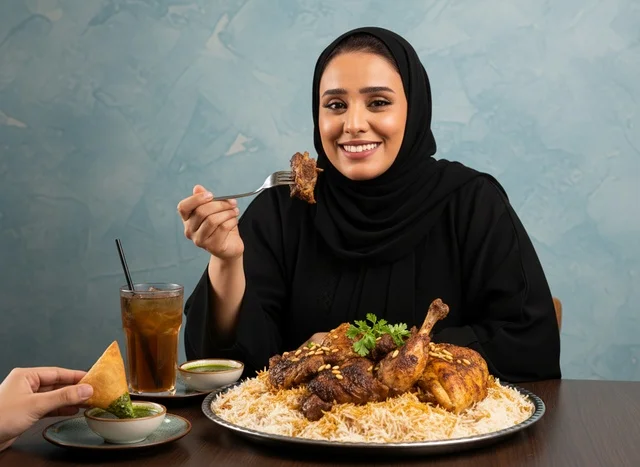 Saudi Woman Eating Traditional Mandi Rice and Chicken Saudi Woman Eating Traditional Mandi Rice and Chicken
