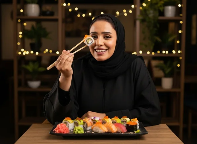 Khaleeji Woman Eating Sushi in Restaurant