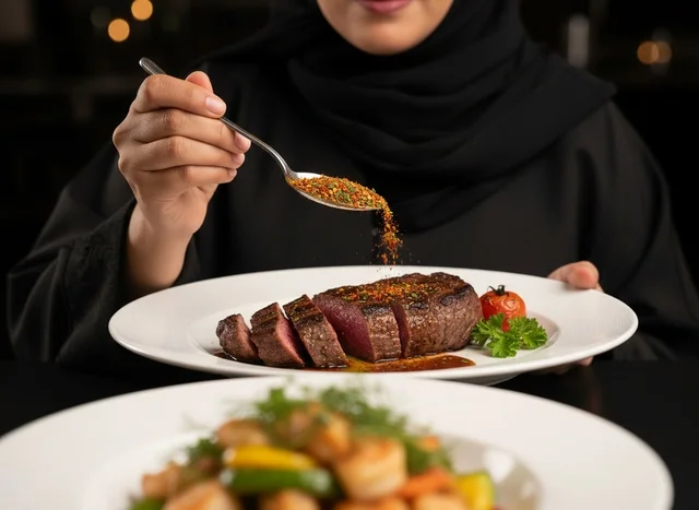 Emirati Woman Seasoning Steak in Gourmet Restaurant