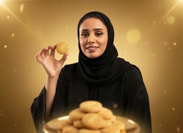 امرأة سعودية تحمل معمول العيد على خلفية ذهبية