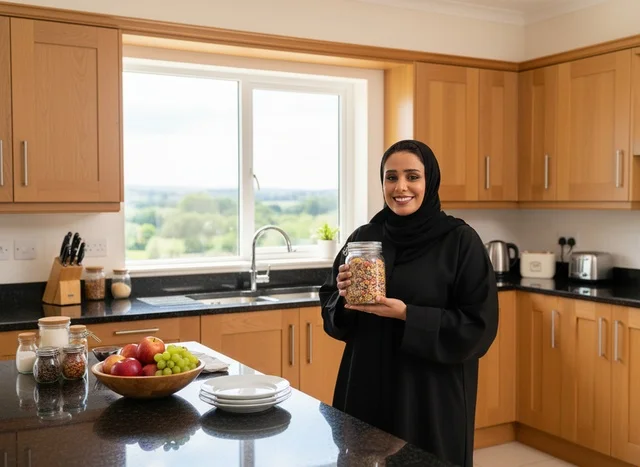Arabic Woman in Modern Kitchen Holding Food Jar