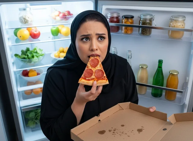 امرأة سعودية بالعباءة تأكل البيتزا أمام الثلاجة المفتوحة امرأة سعودية بالعباءة تأكل البيتزا أمام الثلاجة المفتوحة